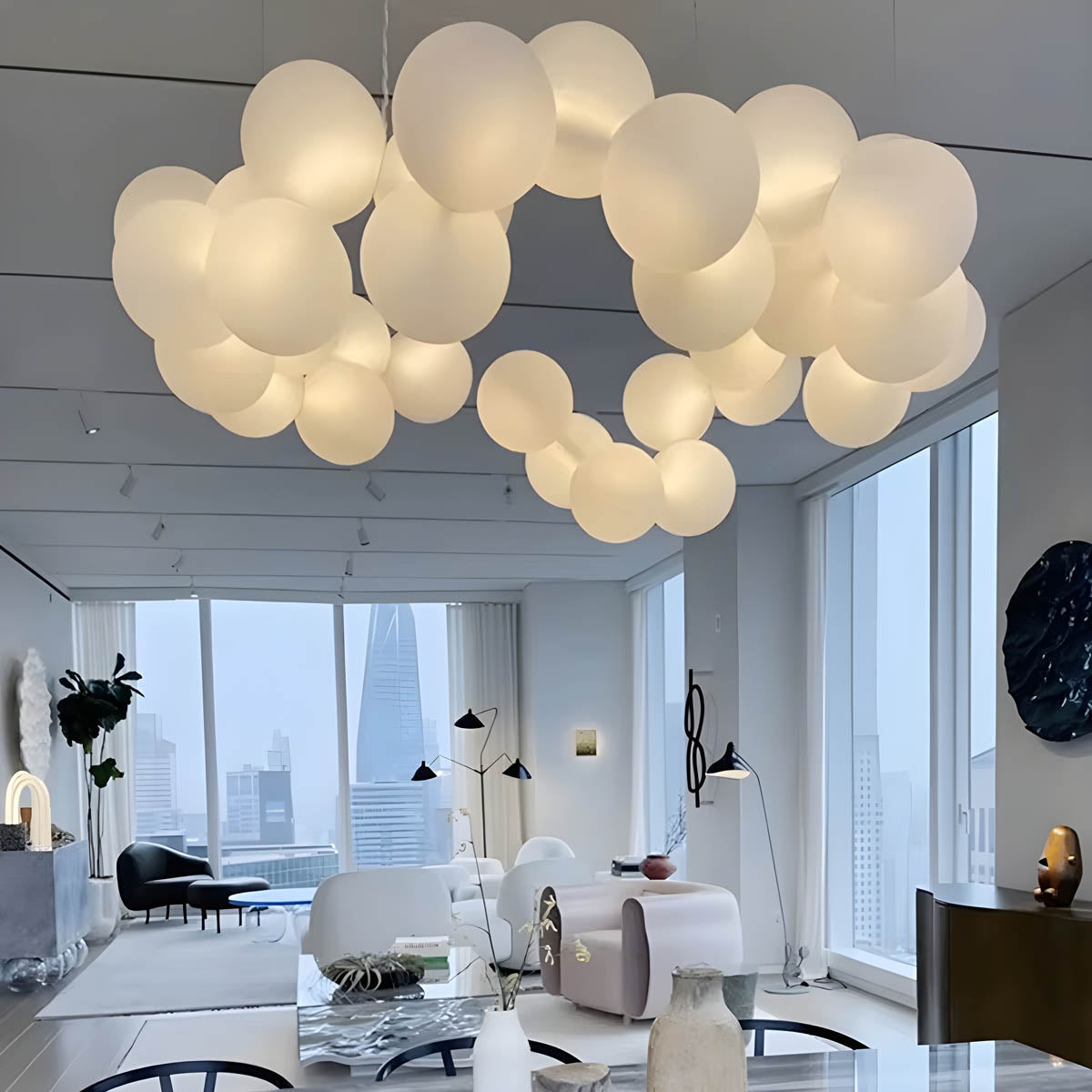 Cloud-tuft LED pendant chandelier, alloy & acrylic