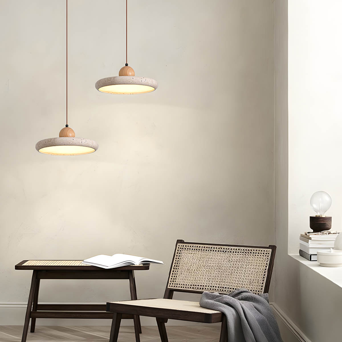 Natural Travertine & Wood LED Pendant Light NYESHA