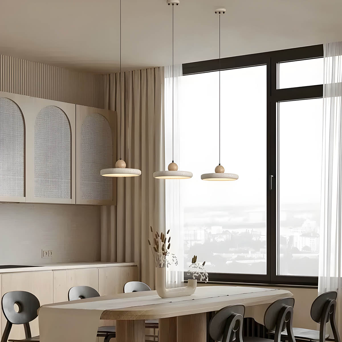 Natural Travertine & Wood LED Pendant Light NYESHA