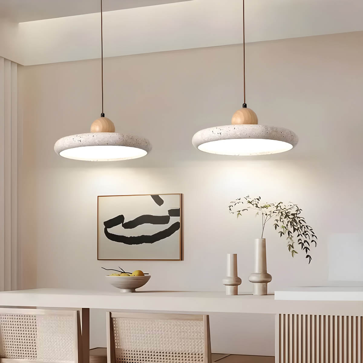 Natural Travertine & Wood LED Pendant Light NYESHA