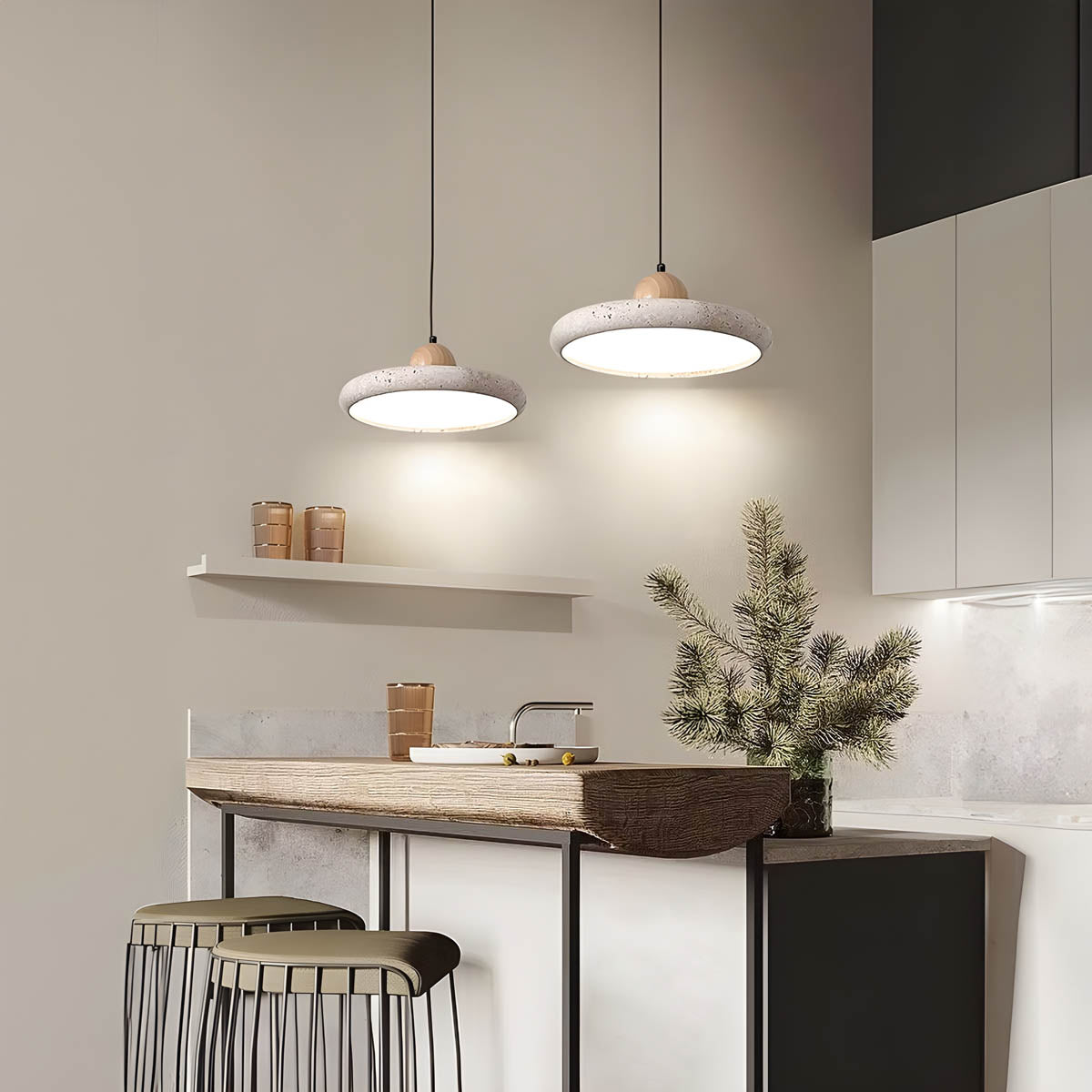 Natural Travertine & Wood LED Pendant Light NYESHA