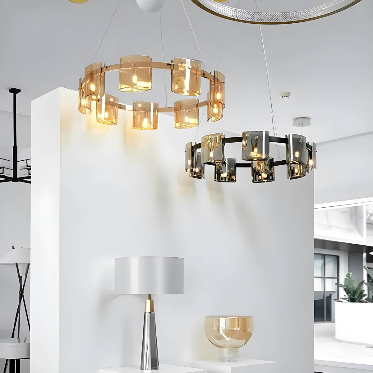 Round & Bar G9 LED Chandelier 60-140 cm, Amber & Smoky Glass