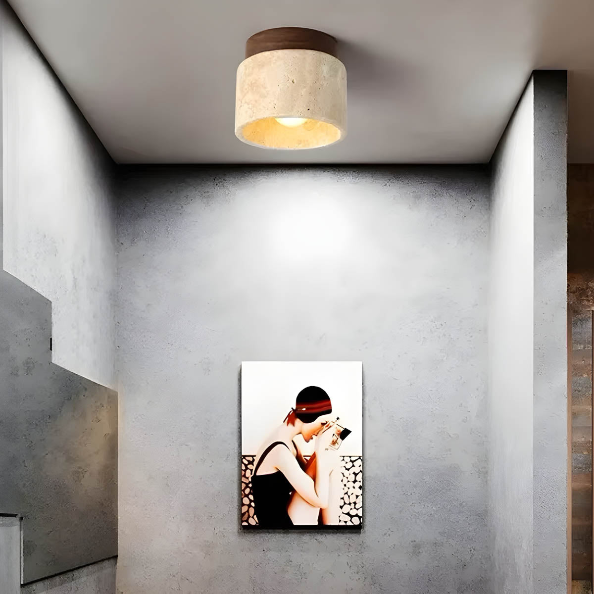 Natural Travertine & Wood Flush-Mount Ceiling Light