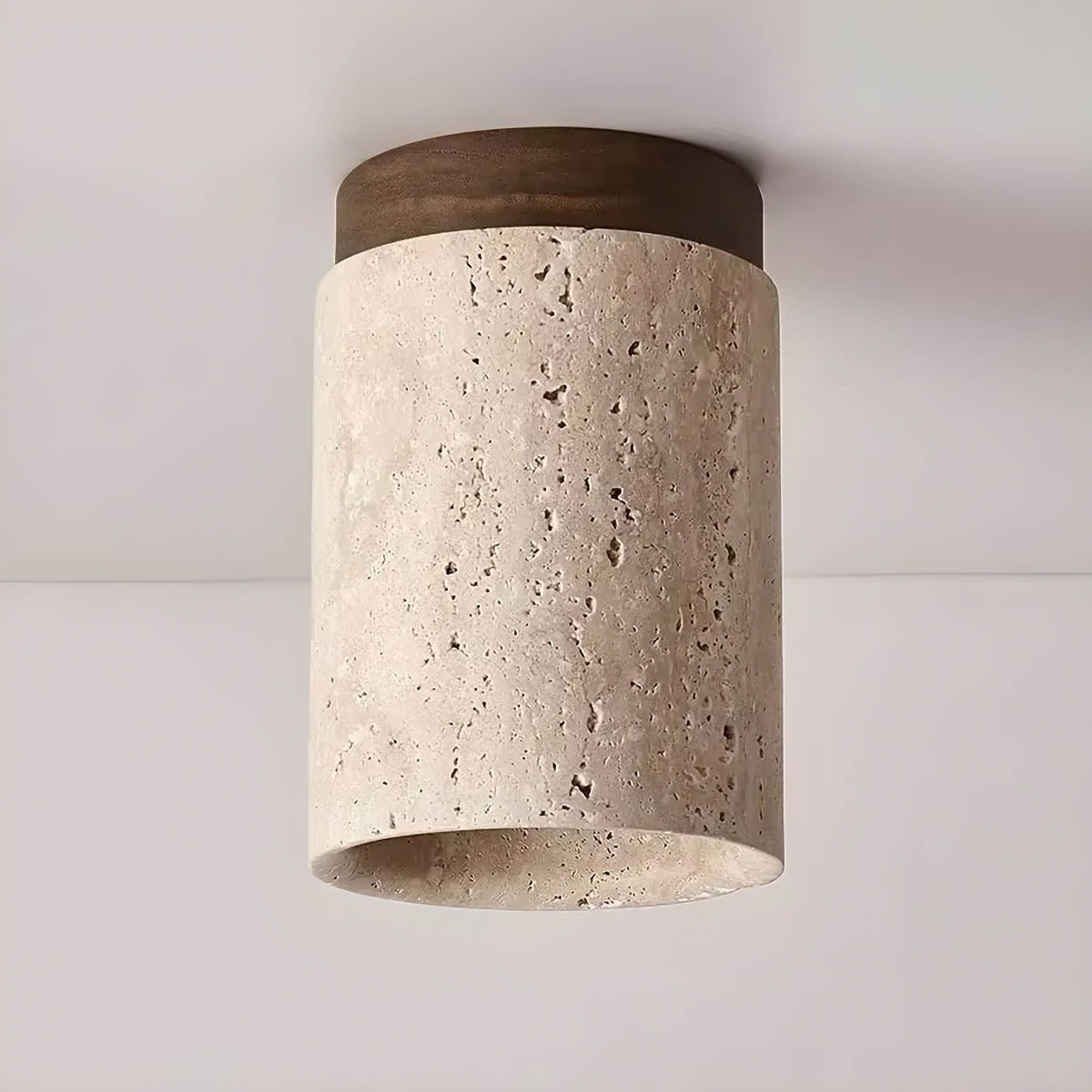 Natural Travertine & Wood Flush-Mount Ceiling Light