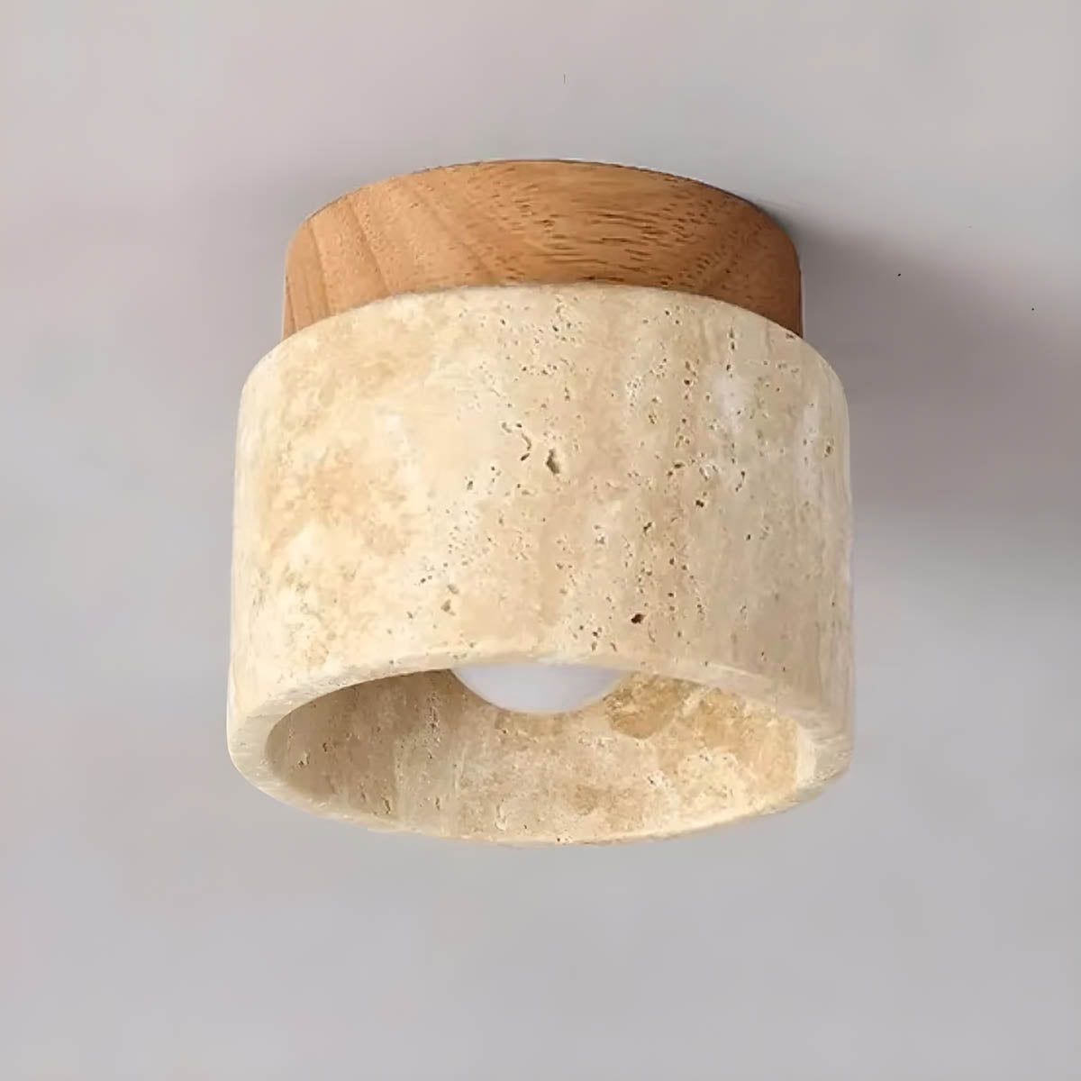 Natural Travertine & Wood Flush-Mount Ceiling Light