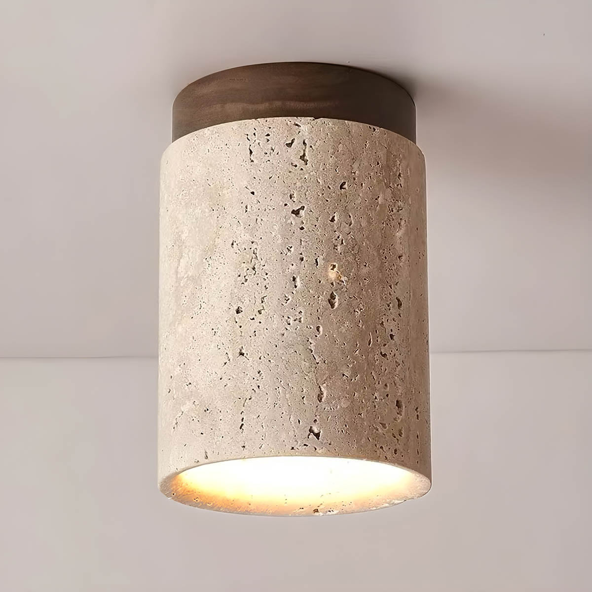 Natural Travertine & Wood Flush-Mount Ceiling Light