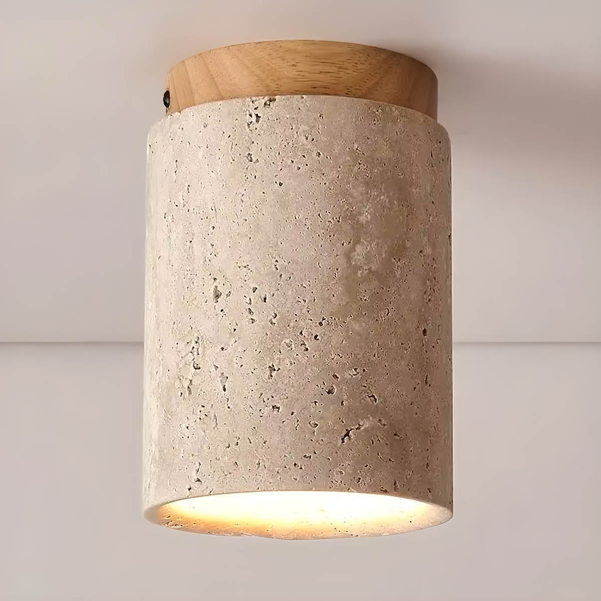 Natural Travertine & Wood Flush-Mount Ceiling Light