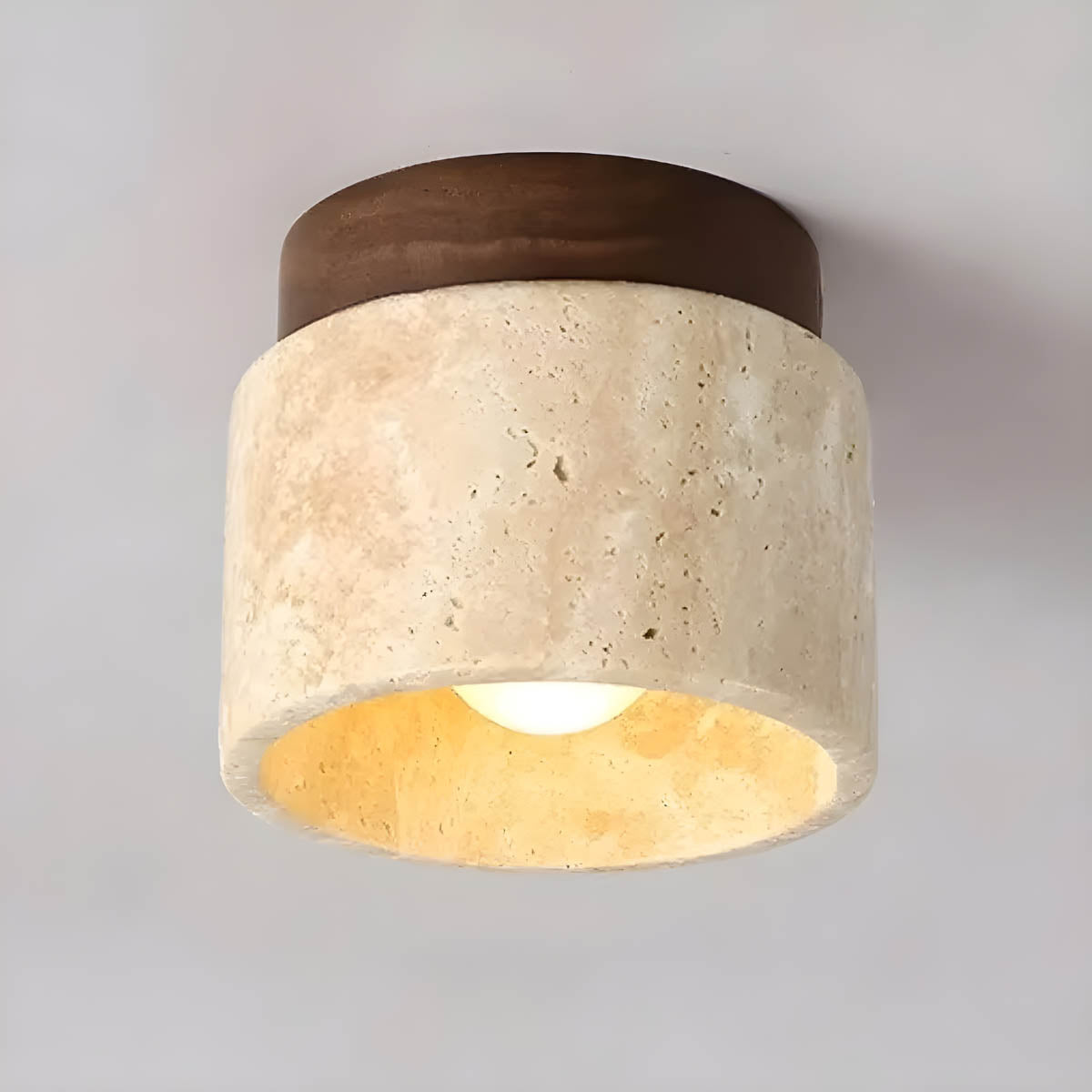 Natural Travertine & Wood Flush-Mount Ceiling Light