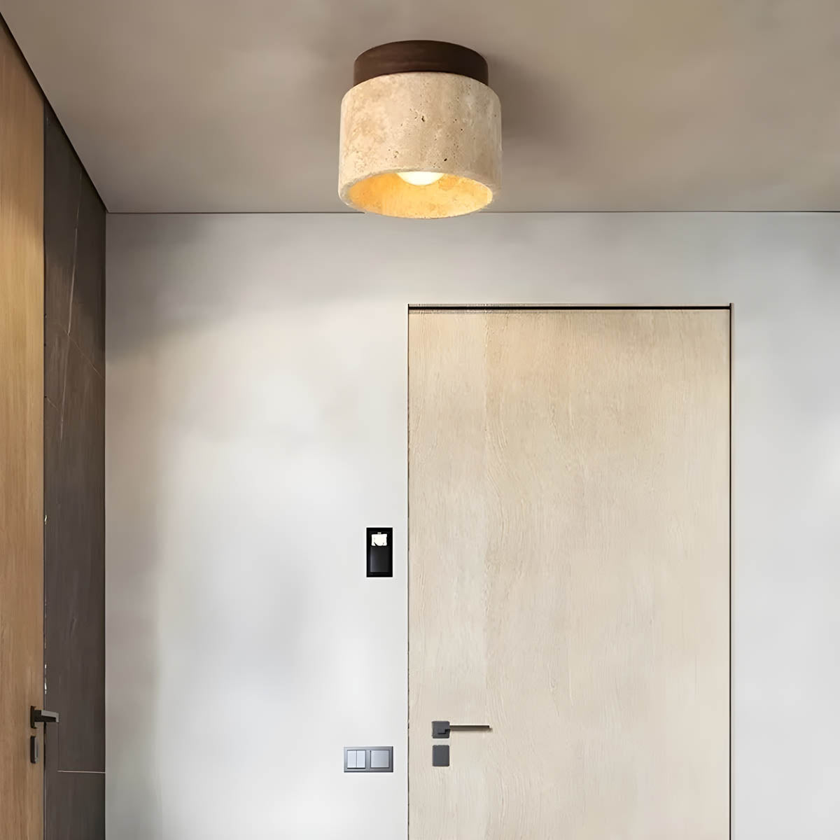 Natural Travertine & Wood Flush-Mount Ceiling Light