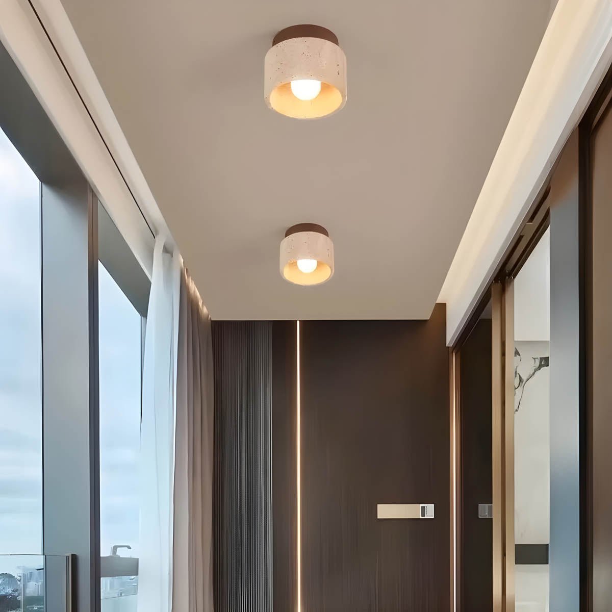 Natural Travertine & Wood Flush-Mount Ceiling Light