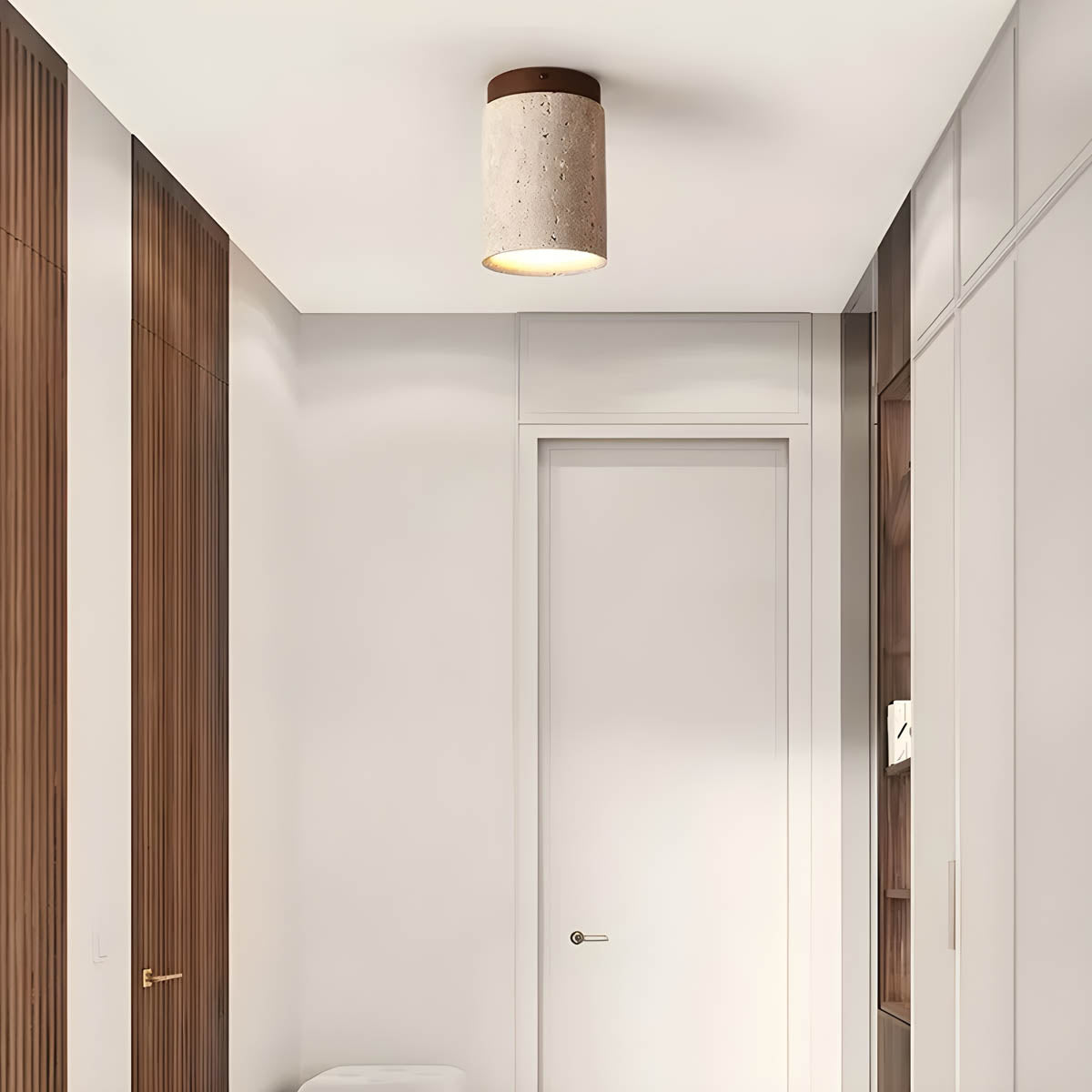 Natural Travertine & Wood Flush-Mount Ceiling Light
