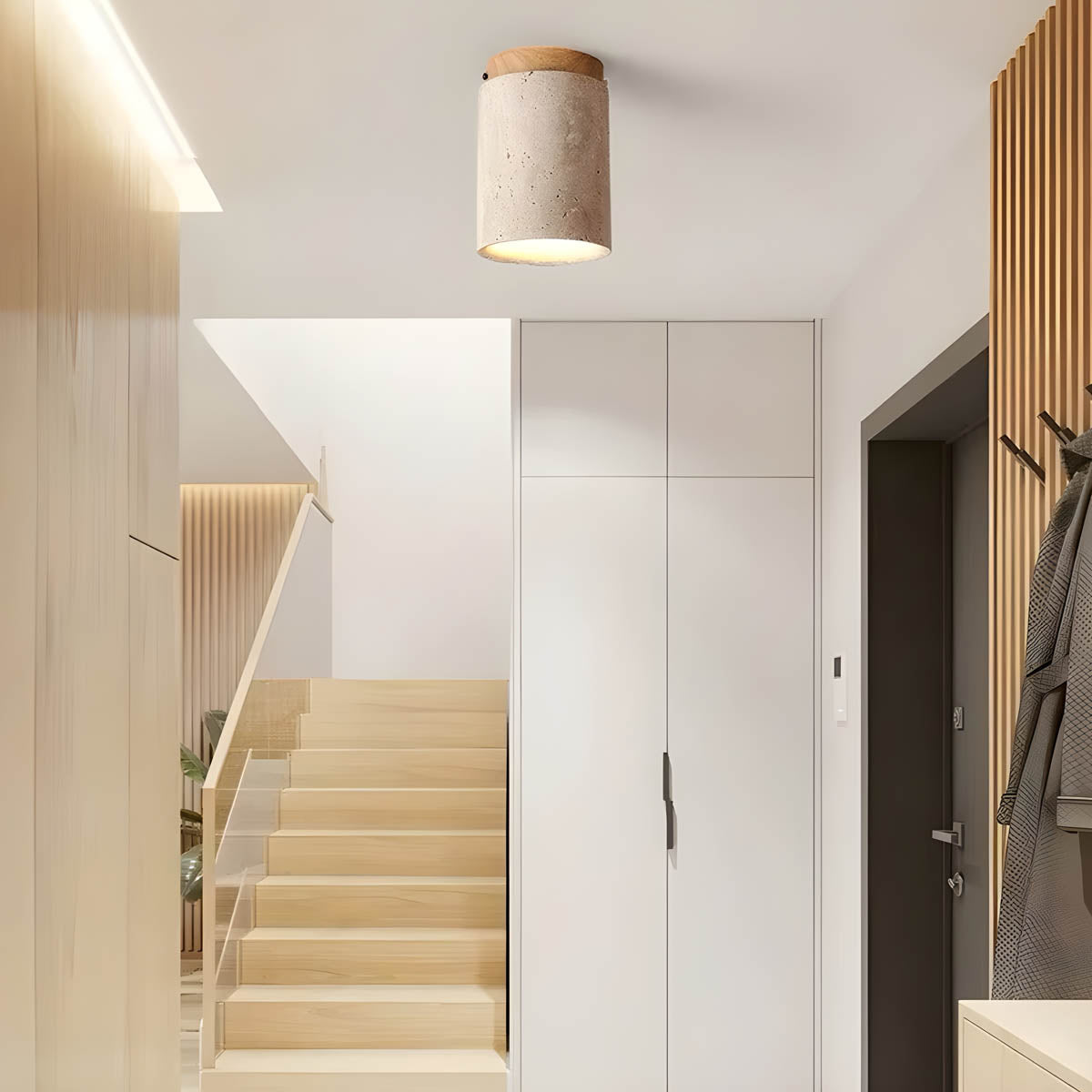 Natural Travertine & Wood Flush-Mount Ceiling Light