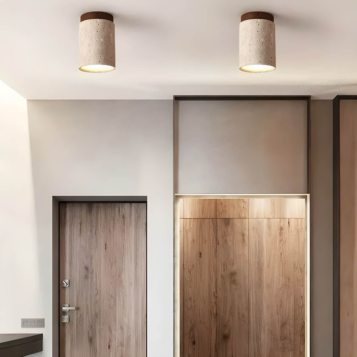 Natural Travertine & Wood Flush-Mount Ceiling Light