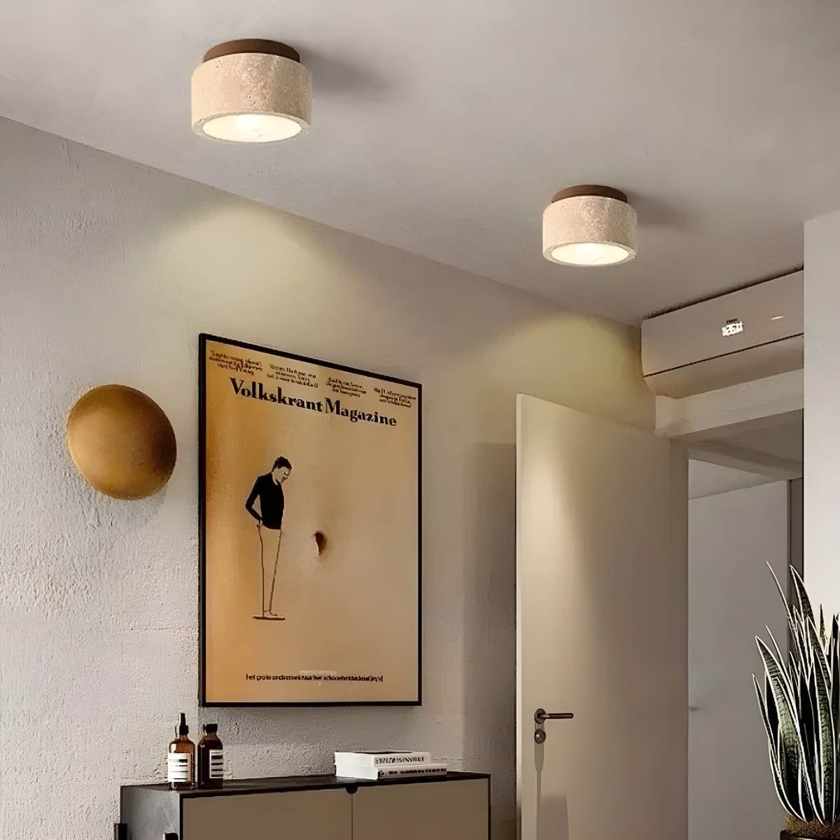Natural Travertine & Wood Flush-Mount Ceiling Light