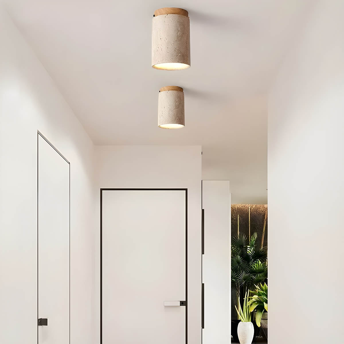 Natural Travertine & Wood Flush-Mount Ceiling Light