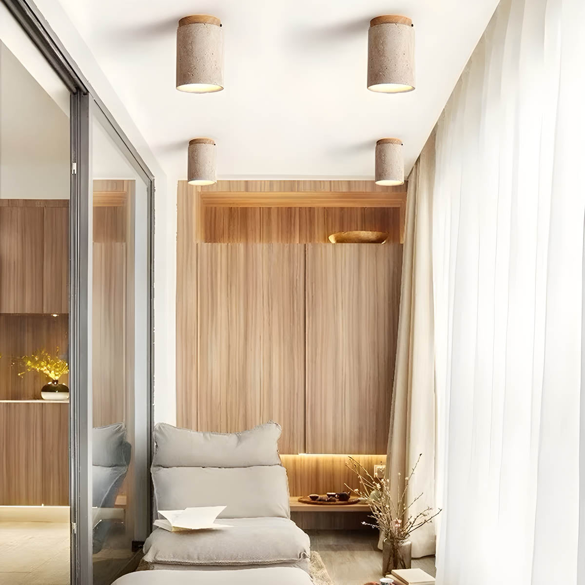 Natural Travertine & Wood Flush-Mount Ceiling Light