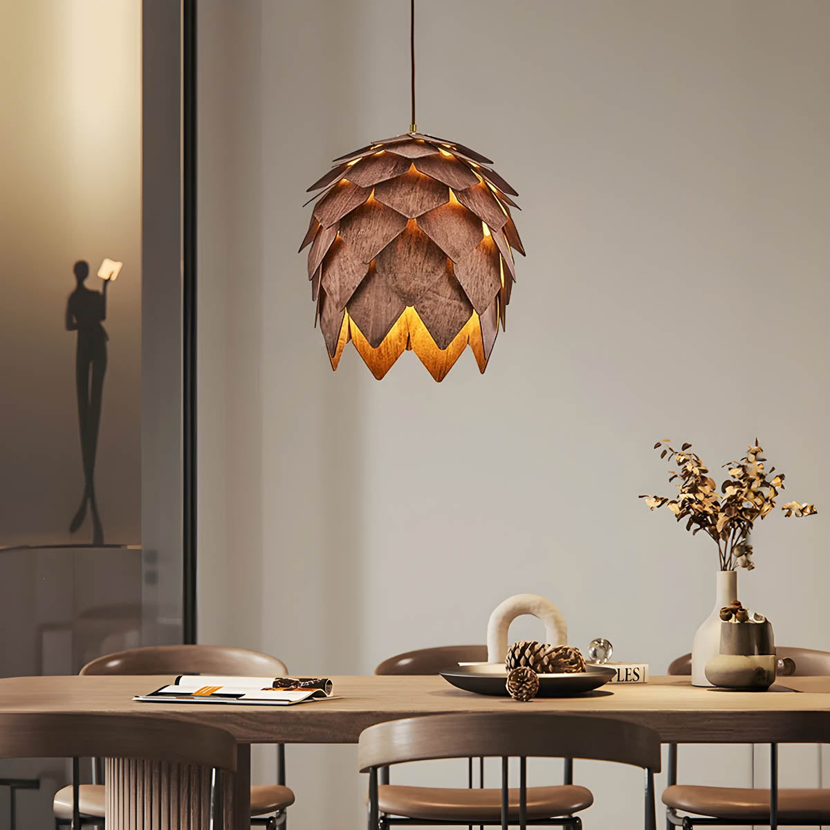 Layered natural wood pendant light, pine-cone silhouette