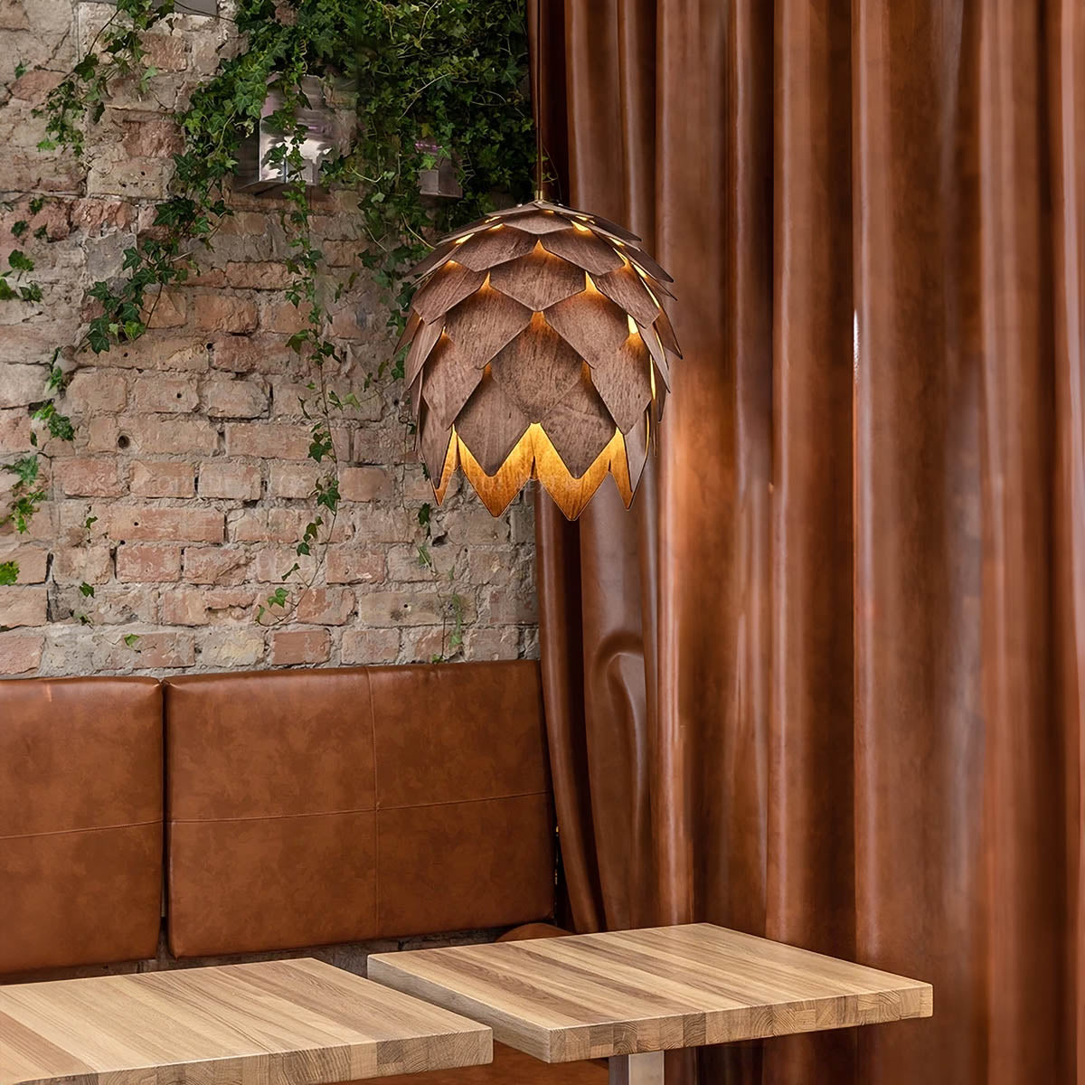 Layered natural wood pendant light, pine-cone silhouette