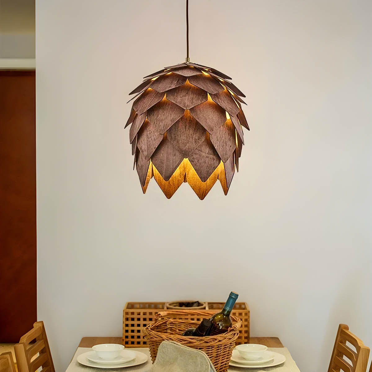 Layered natural wood pendant light, pine-cone silhouette