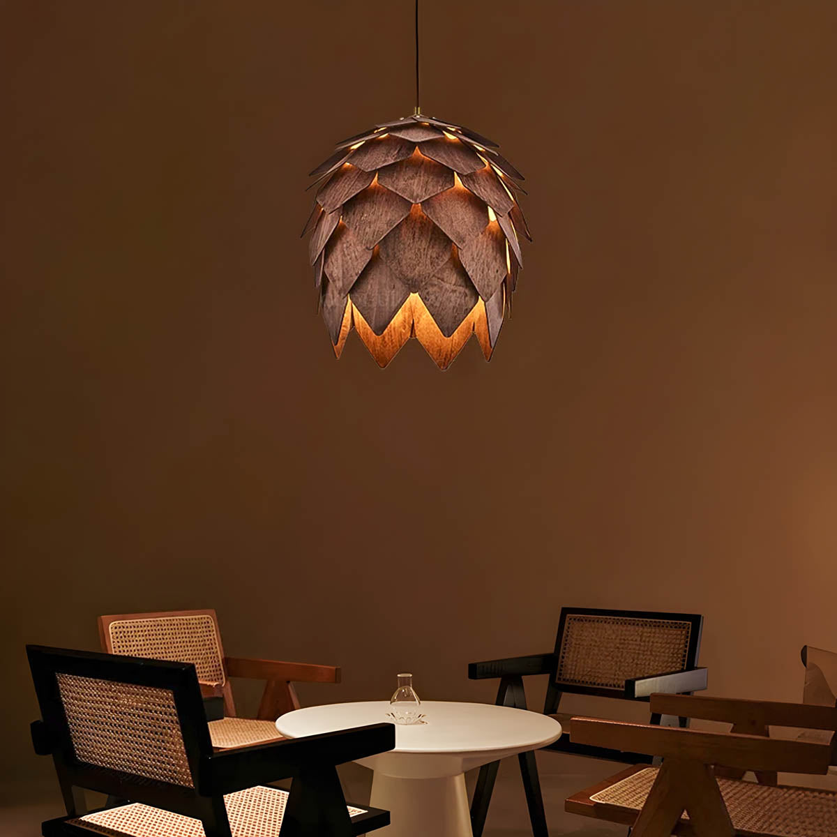 Layered natural wood pendant light, pine-cone silhouette