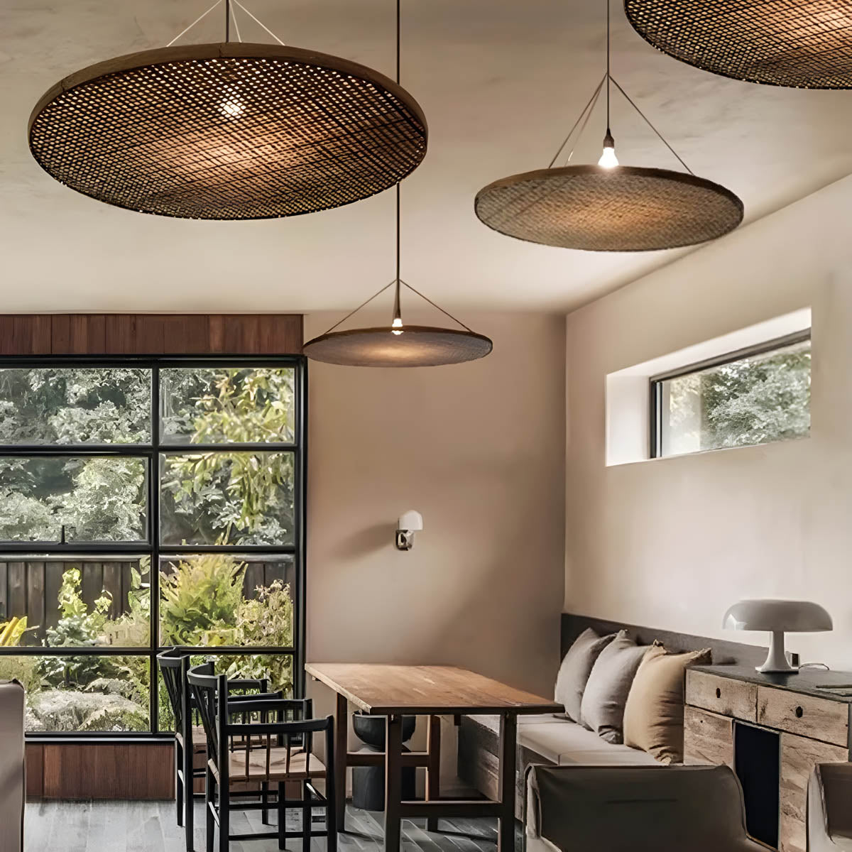 Hand-woven bamboo pendant light, wide circular shade