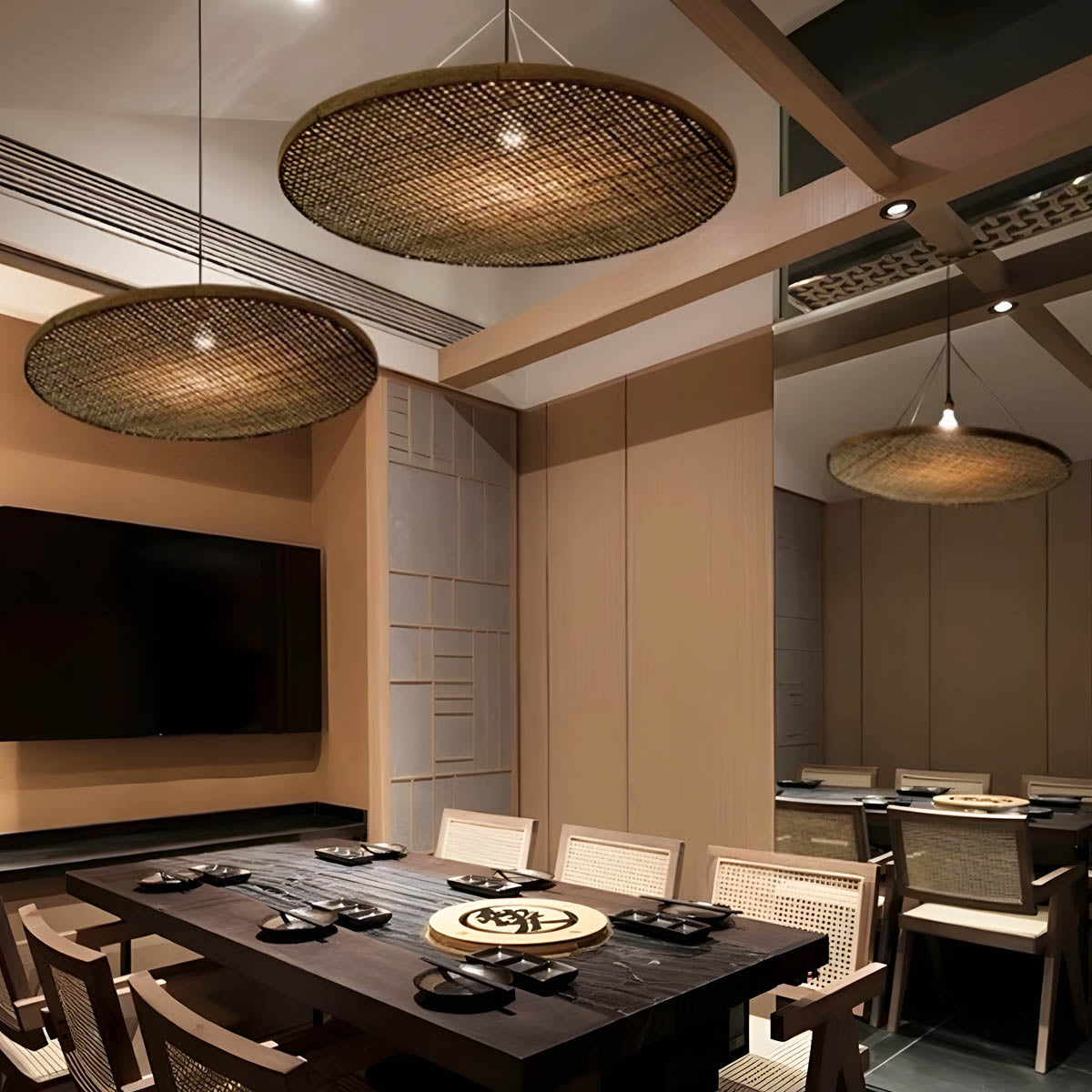 Hand-woven bamboo pendant light, wide circular shade