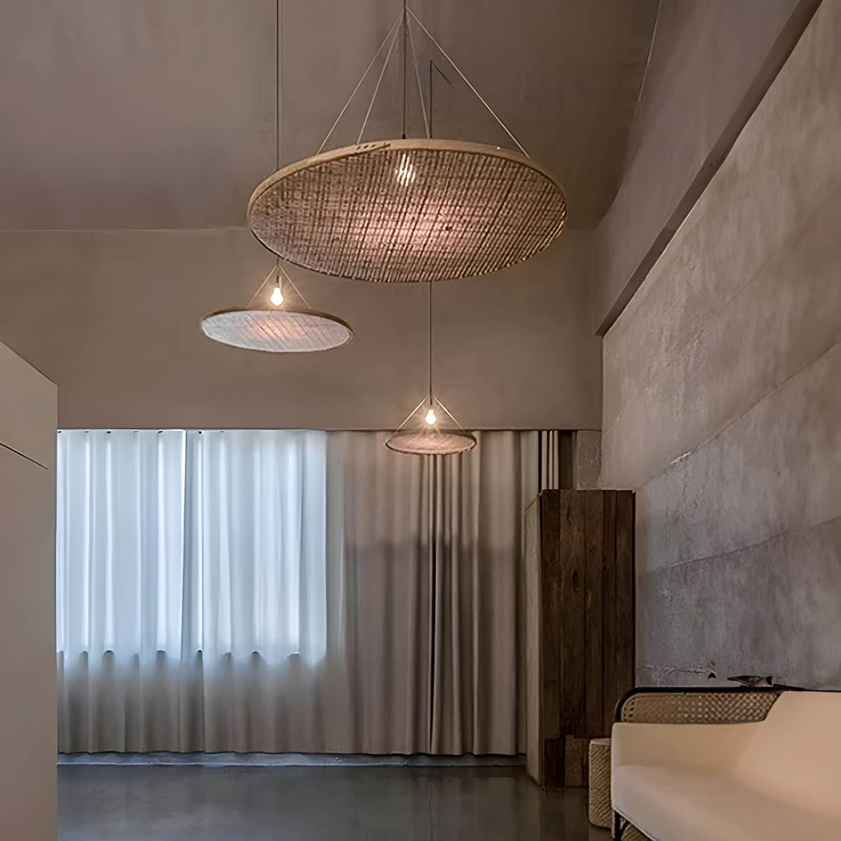 Hand-woven bamboo pendant light, wide circular shade