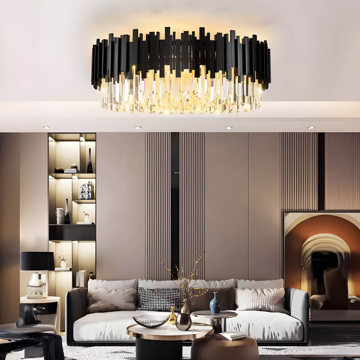 Crystal Prism Semi-Flush LED Chandelier, Gothic Iron Frame — Luxurious Statement Light