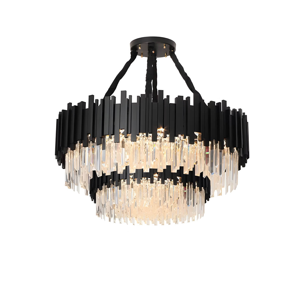 Crystal Prism Semi-Flush LED Chandelier, Gothic Iron Frame — Luxurious Statement Light