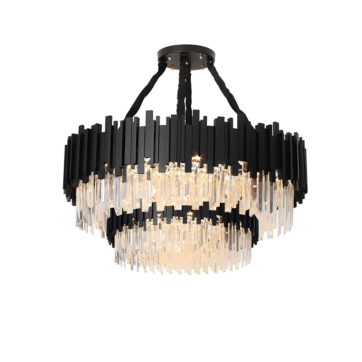 Crystal Prism Semi-Flush LED Chandelier, Gothic Iron Frame — Luxurious Statement Light