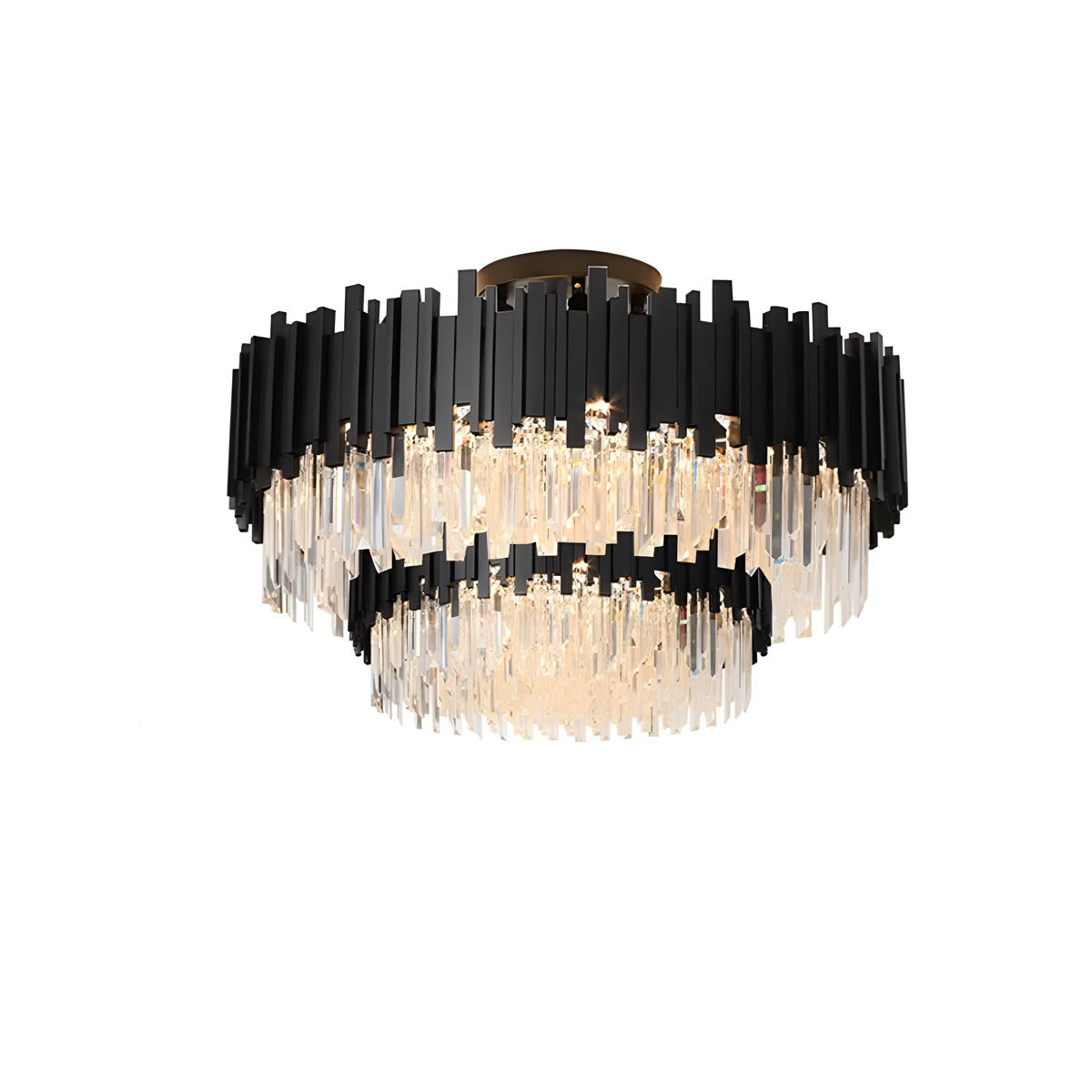 Crystal Prism Semi-Flush LED Chandelier, Gothic Iron Frame — Luxurious Statement Light