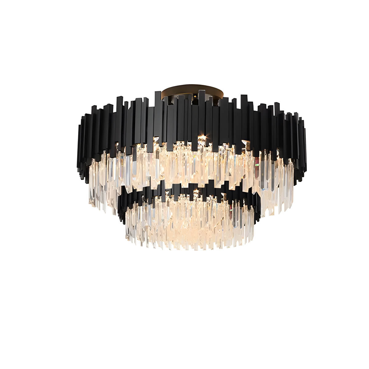 Crystal Prism Semi-Flush LED Chandelier, Gothic Iron Frame — Luxurious Statement Light