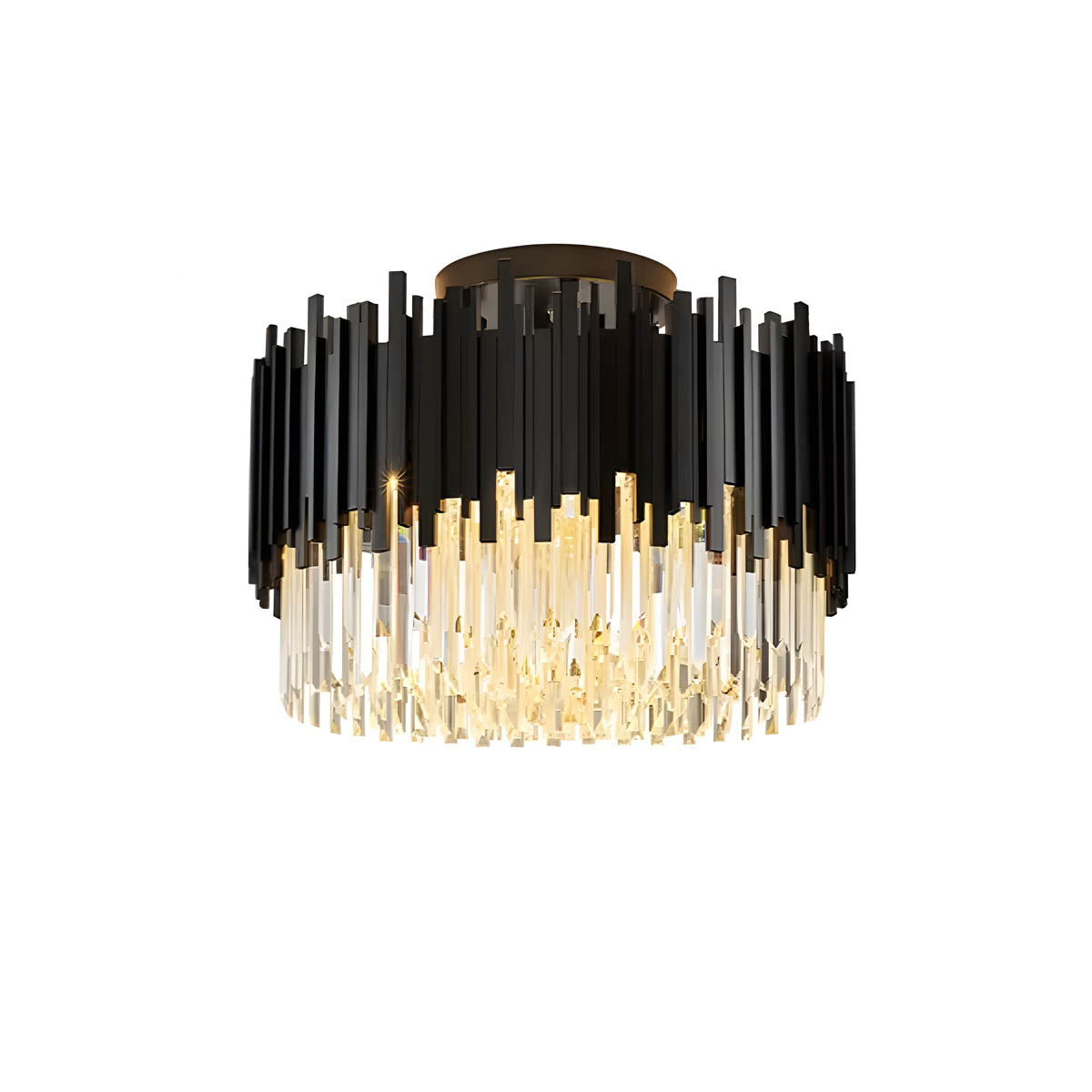 Crystal Prism Semi-Flush LED Chandelier, Gothic Iron Frame — Luxurious Statement Light