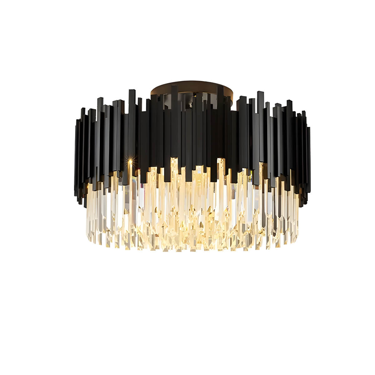 Crystal Prism Semi-Flush LED Chandelier, Gothic Iron Frame — Luxurious Statement Light