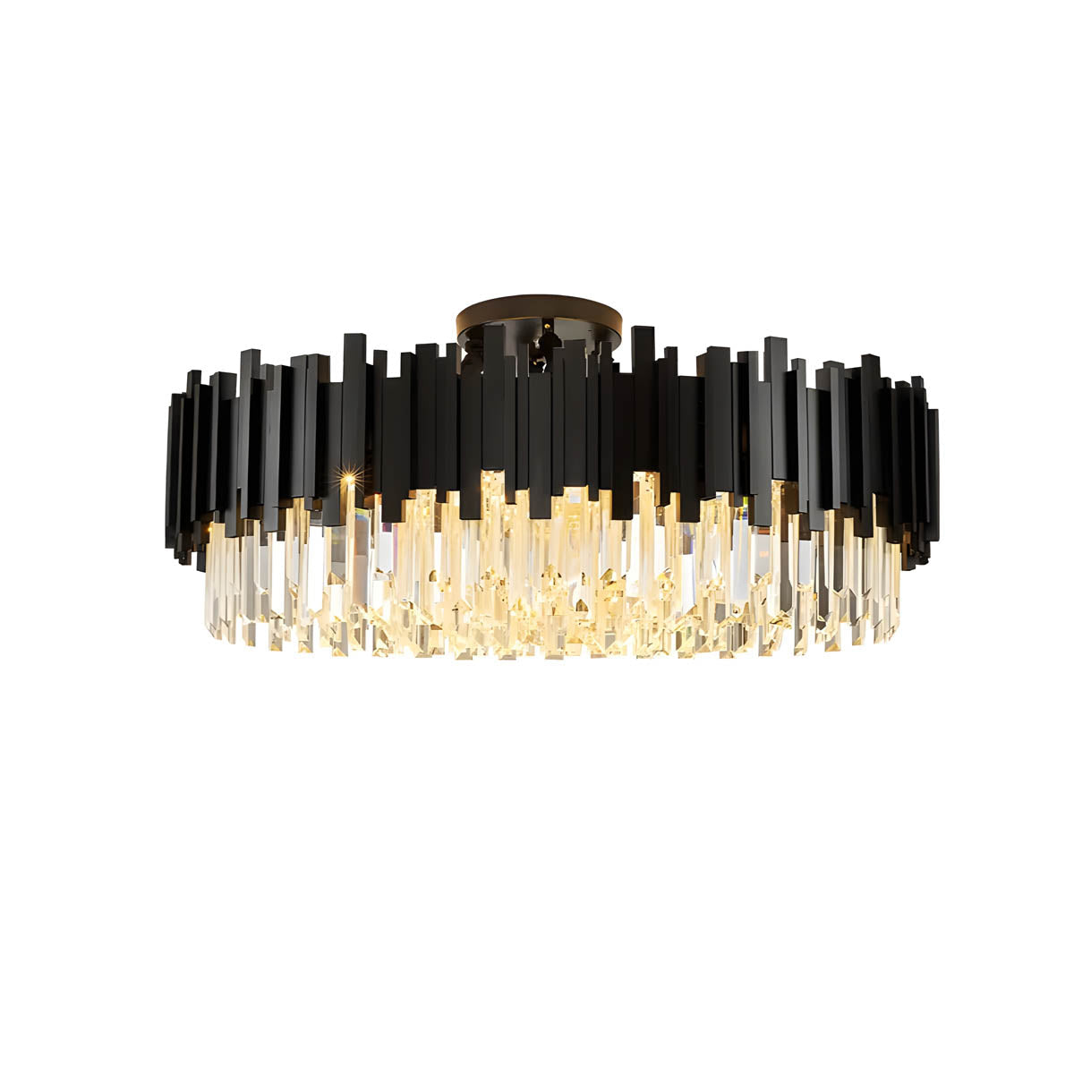 Crystal Prism Semi-Flush LED Chandelier, Gothic Iron Frame — Luxurious Statement Light