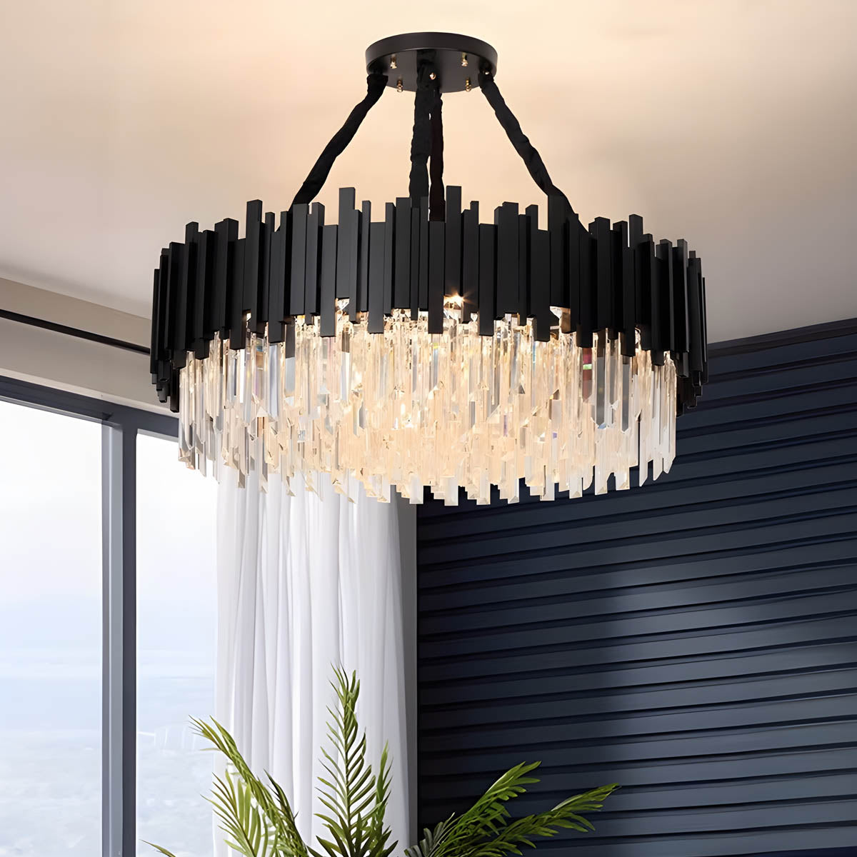 Crystal Prism Semi-Flush LED Chandelier, Gothic Iron Frame — Luxurious Statement Light