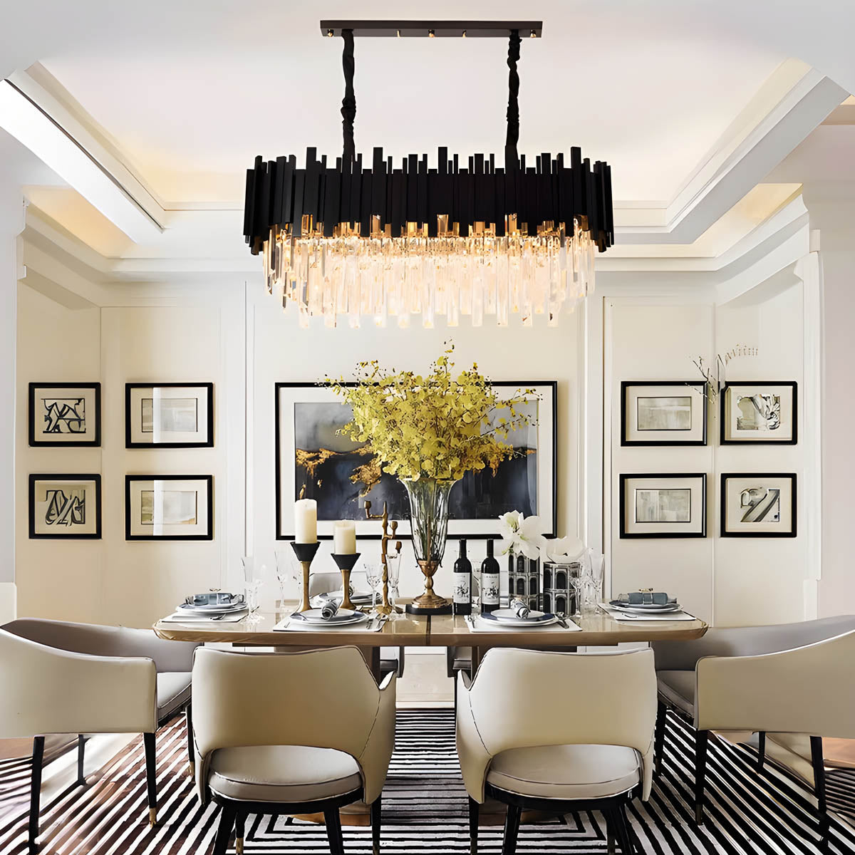 Crystal Prism Semi-Flush LED Chandelier, Gothic Iron Frame — Luxurious Statement Light