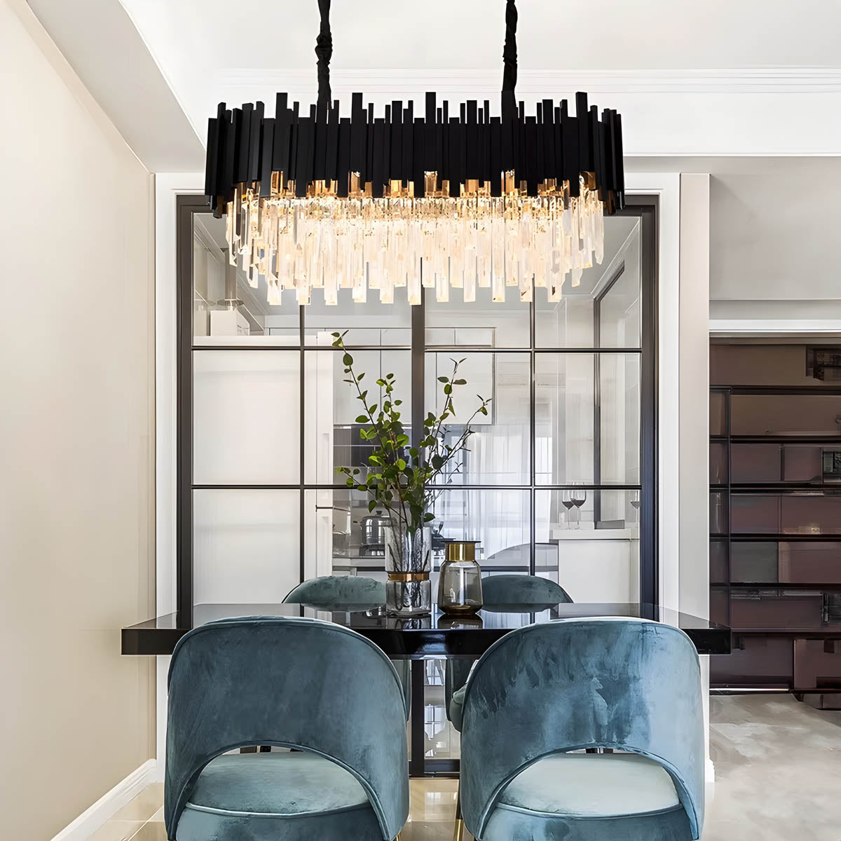 Crystal Prism Semi-Flush LED Chandelier, Gothic Iron Frame — Luxurious Statement Light