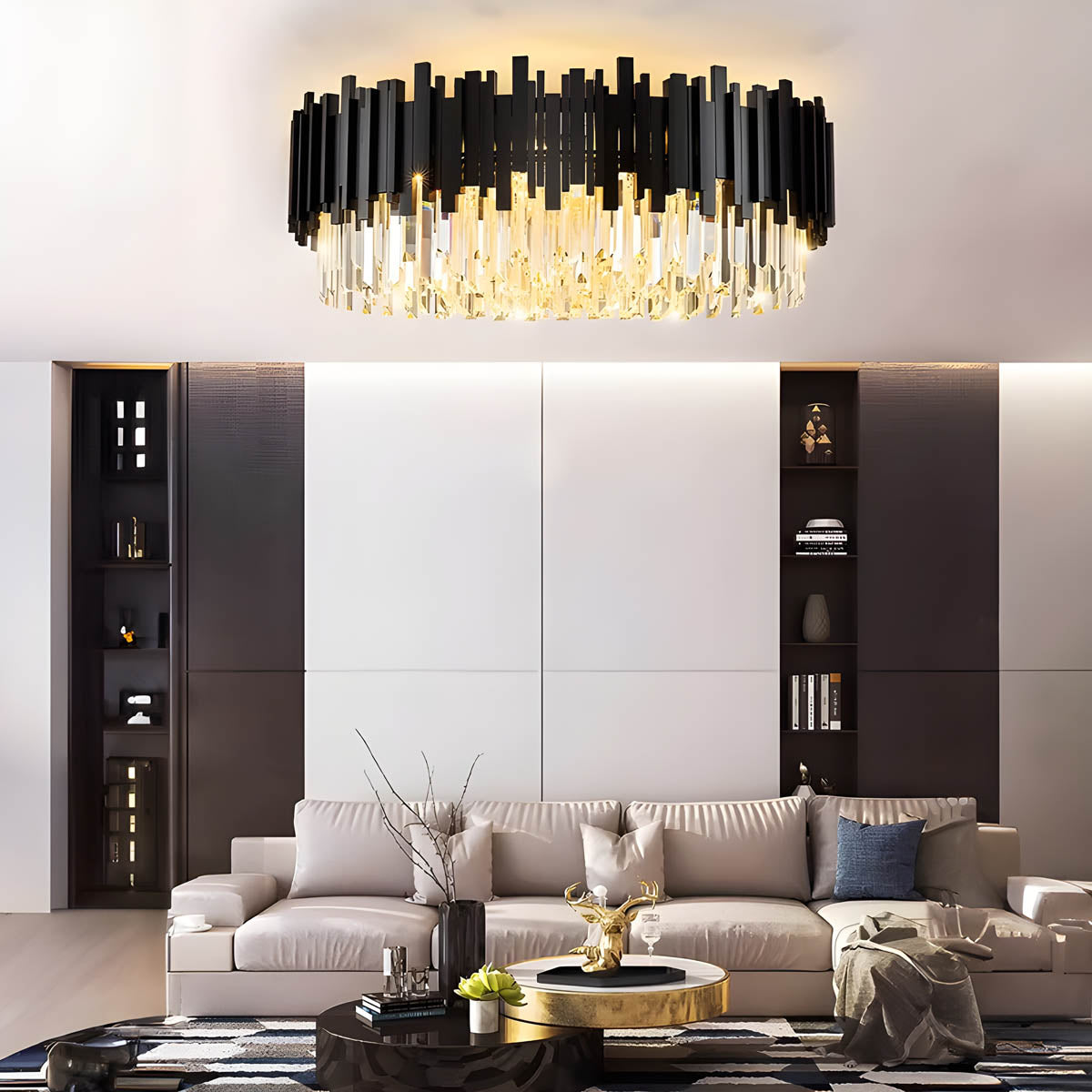 Crystal Prism Semi-Flush LED Chandelier, Gothic Iron Frame — Luxurious Statement Light