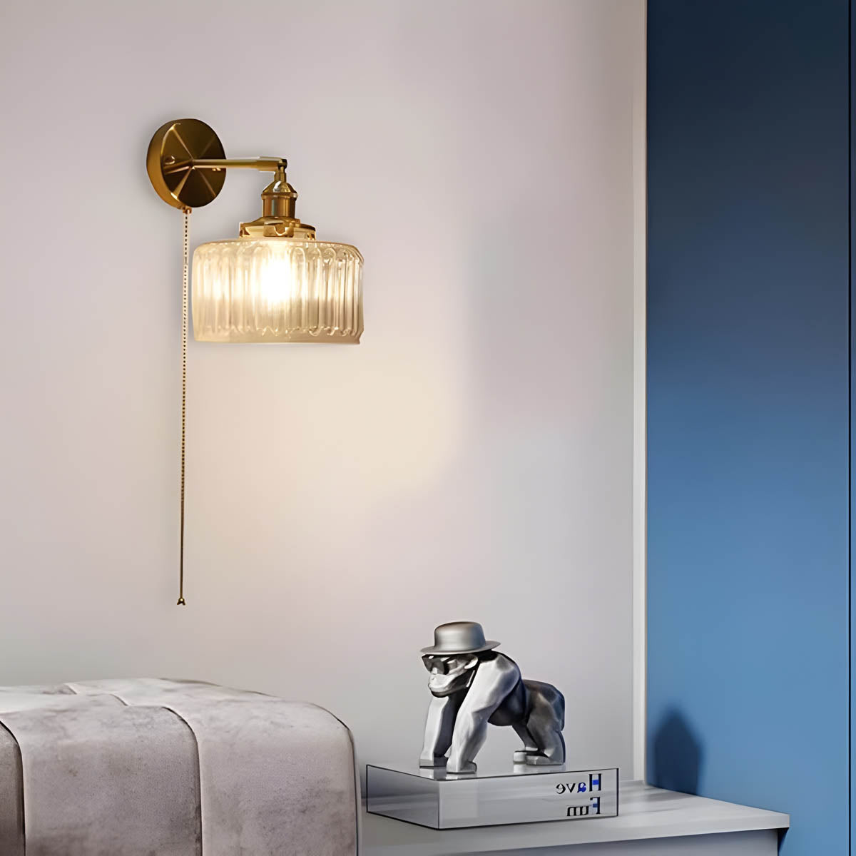 Ribbed Glass Wall Light Gold Finish Indoor Wall Sconce