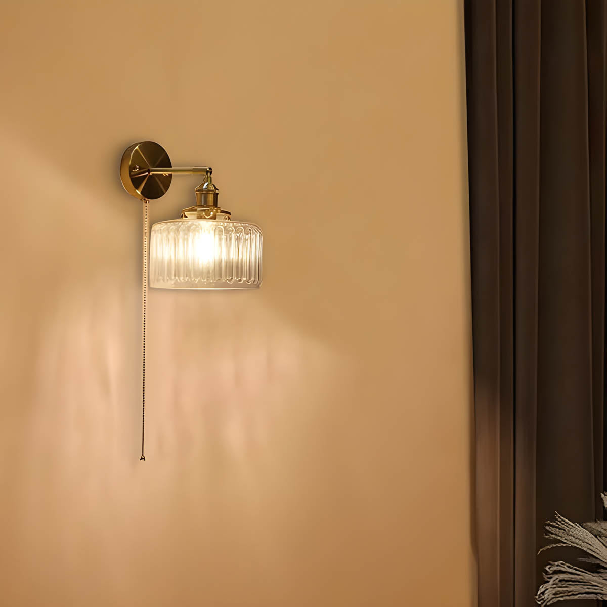 Ribbed Glass Wall Light Gold Finish Indoor Wall Sconce