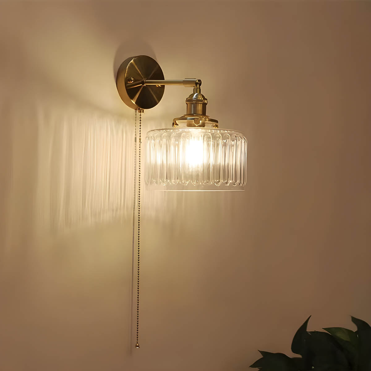 Ribbed Glass Wall Light Gold Finish Indoor Wall Sconce