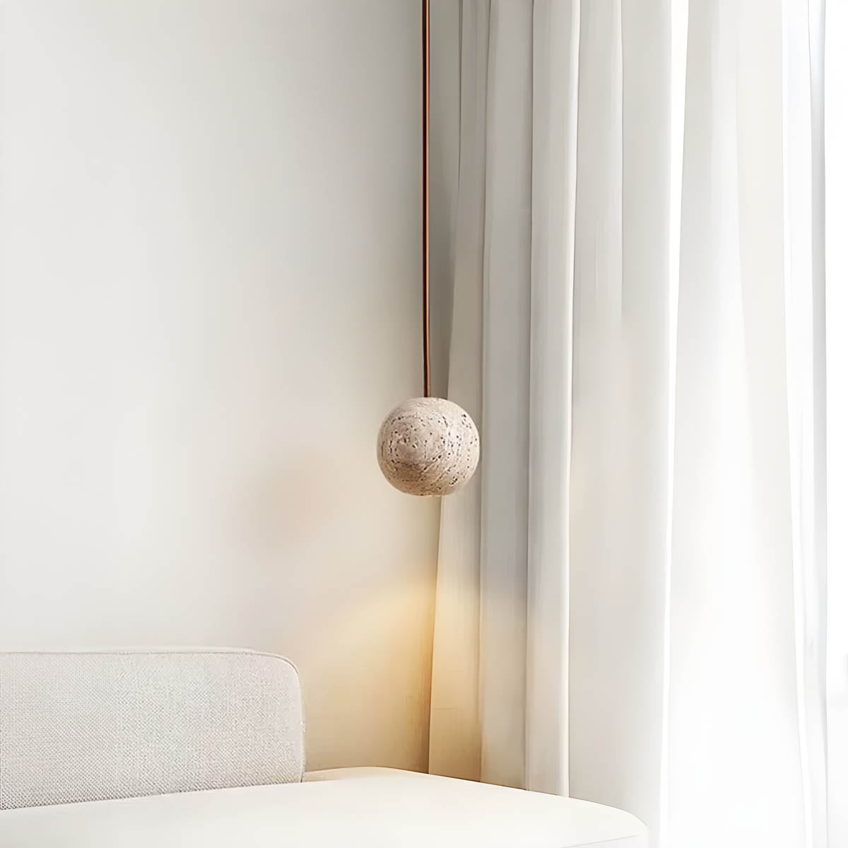 Travertine & wood sphere pendant light