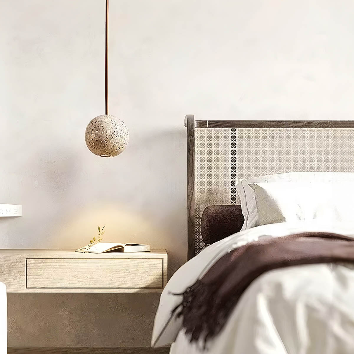 Travertine & wood sphere pendant light