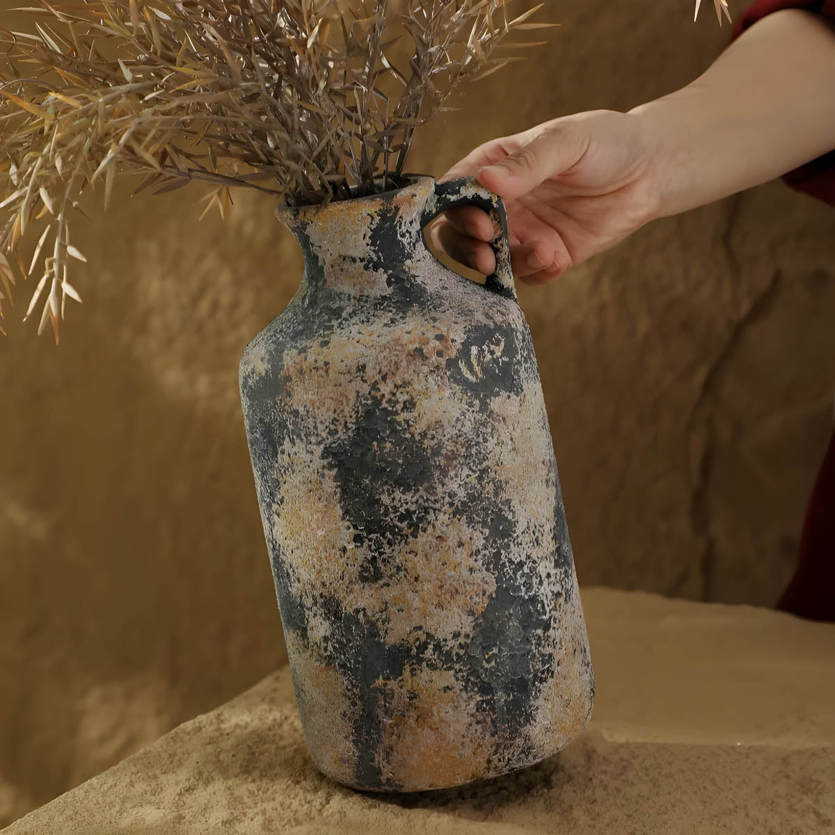 Rustic Weathered Ceramic Vase — Stone Finish Decorative Centrepiece