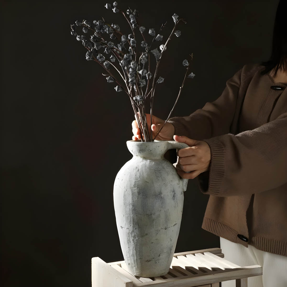 Rustic White Ceramic Vase with Handles — Mediterranean-Inspired Décor Pair