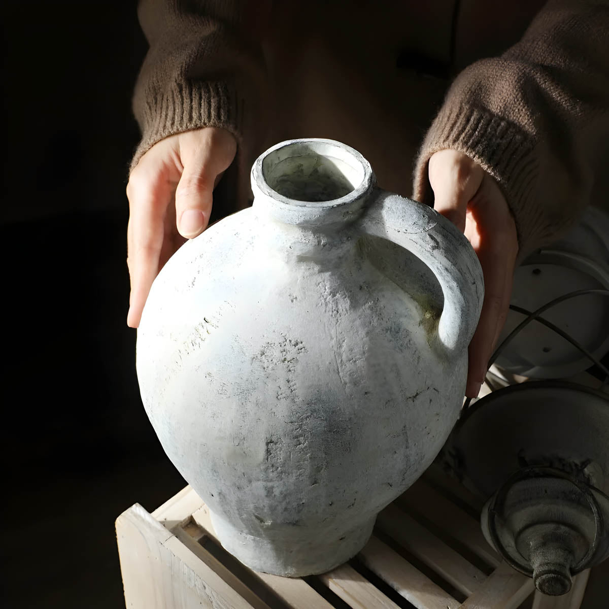 Rustic White Ceramic Vase with Handles — Mediterranean-Inspired Décor Pair