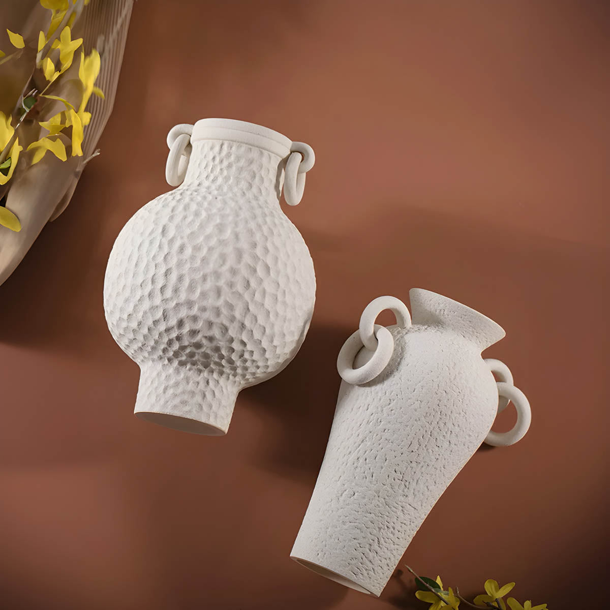 Ceramic Vase with Ring-Handles & Netted Ridges — Sculptural Elegant Accent