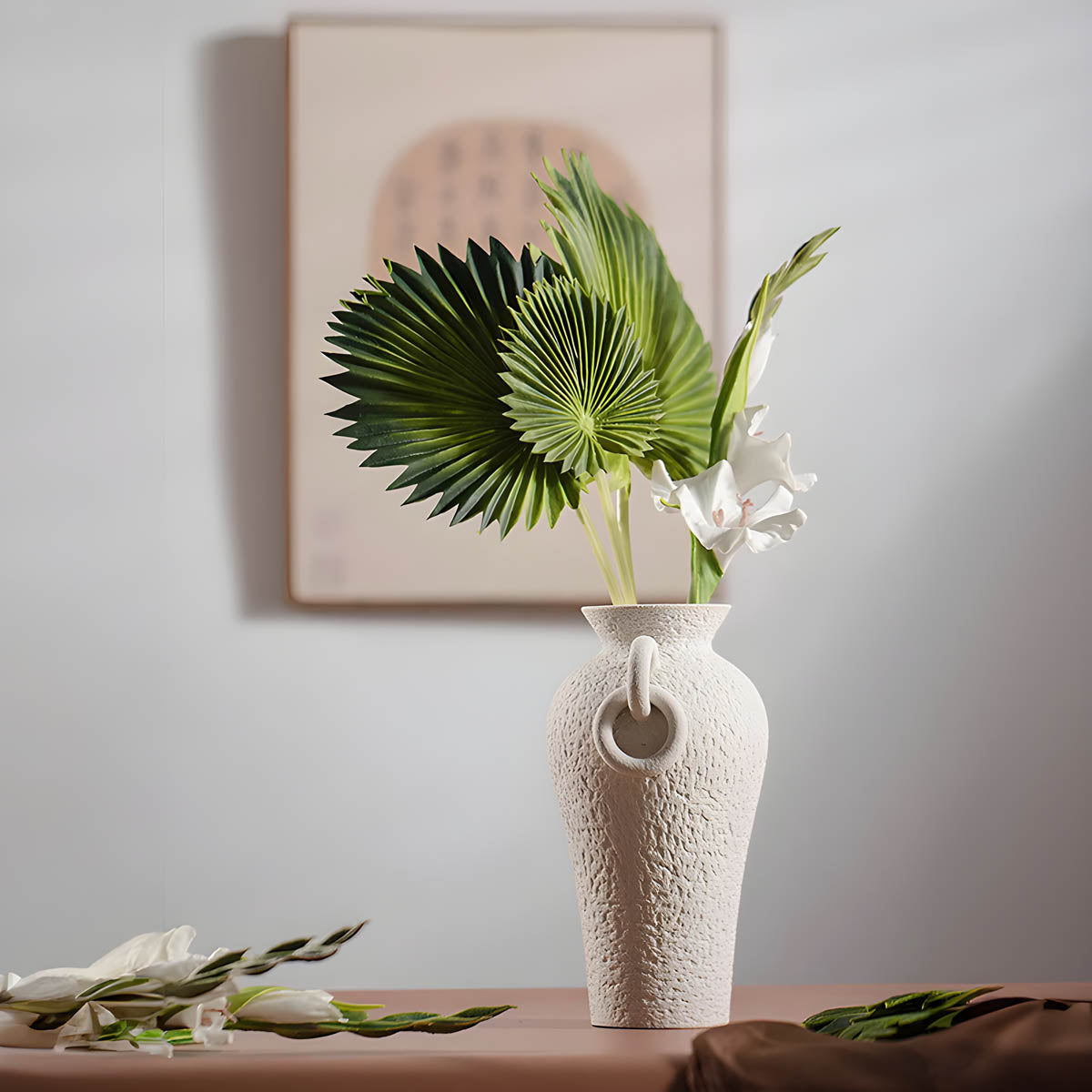 Ceramic Vase with Ring-Handles & Netted Ridges — Sculptural Elegant Accent