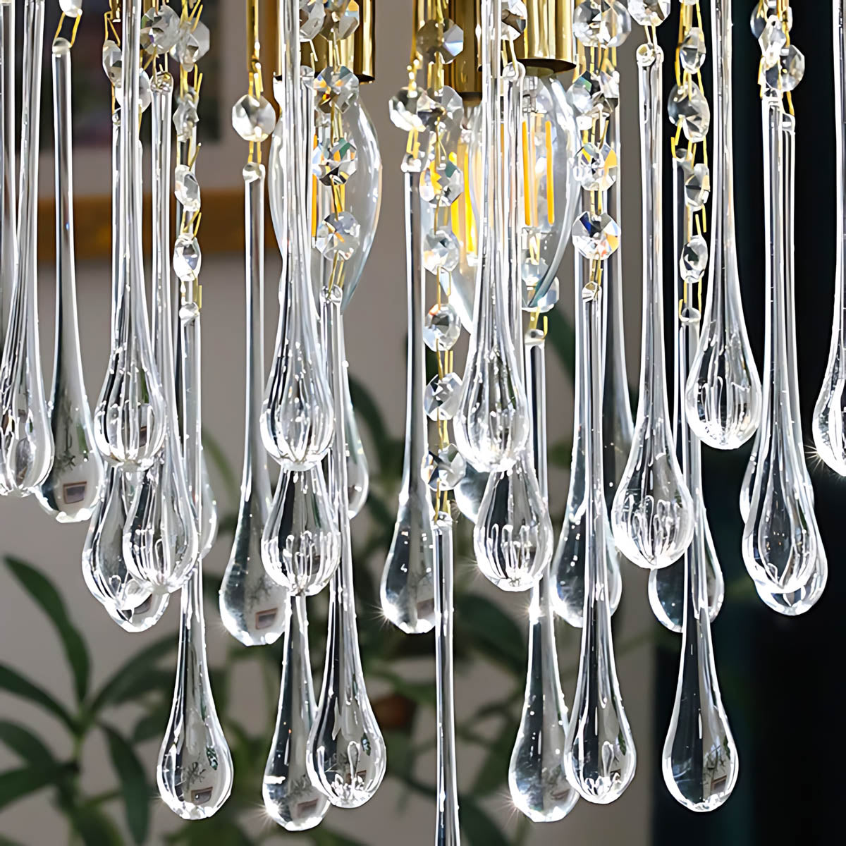 Crystal & Metal Semi-Flush Ruby Chandelier with Teardrop Prisms